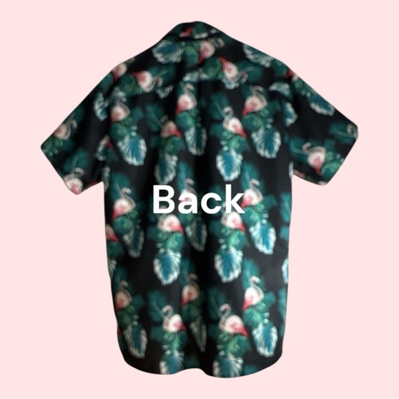 SHEIN Hawaiian Print Button Down Shirt Black with Pink Flamingos Size Small - Picture 3 of 6